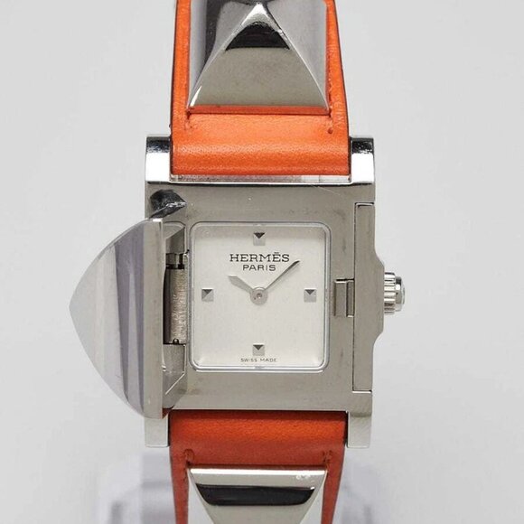 Hermes Orange Swift Leather Palladium Plated Medor Studded Quartz Watch - Picture 1 of 12